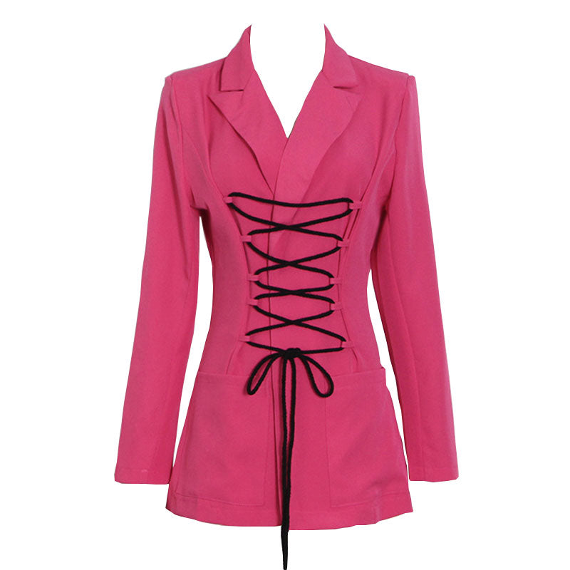 Unique Crisscross String Lapel Long Sleeve Blazer - ROSE