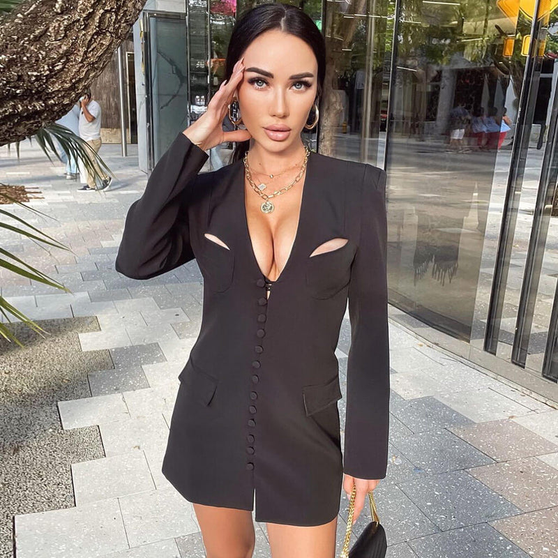 Unique Cutout Long Sleeve Button Down Mini Blazer Dress - Black