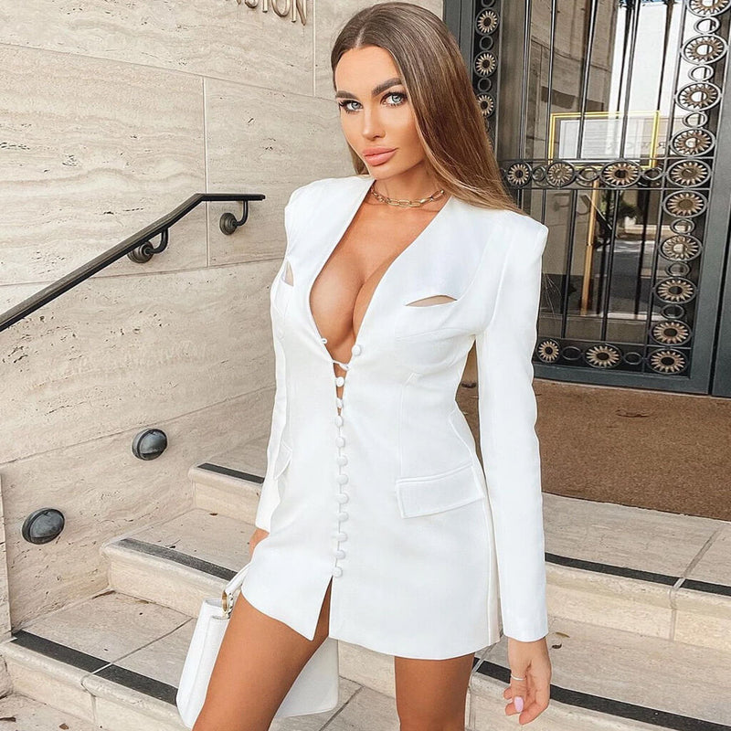 Unique Cutout Long Sleeve Button Down Mini Blazer Dress - White