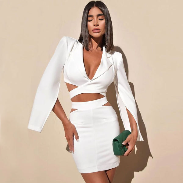 Unique Cutout Split Sleeve Wraparound Blazer Matching Set - White