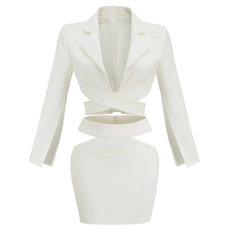 Unique Cutout Split Sleeve Wraparound Blazer Matching Set - White