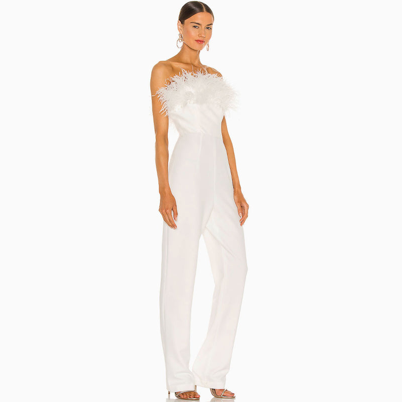 Unique Feather Trim Strapless Wide Leg Jumpsuit - White