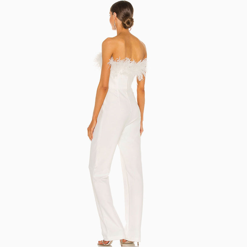 Unique Feather Trim Strapless Wide Leg Jumpsuit - White