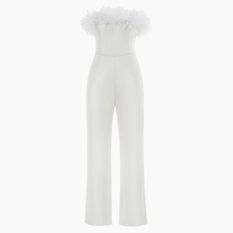 Unique Feather Trim Strapless Wide Leg Jumpsuit - White