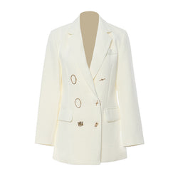 Unique Gold Tone Hardware Lapel Collar Double Breasted Blazer