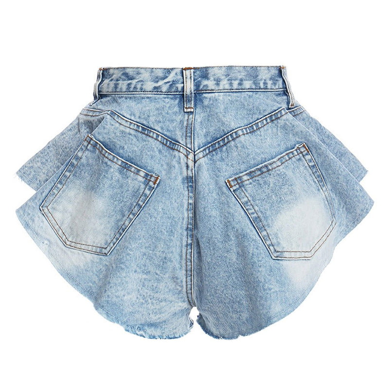 Unique High Waist Flare Wide Leg Mini Denim Shorts - Light Blue