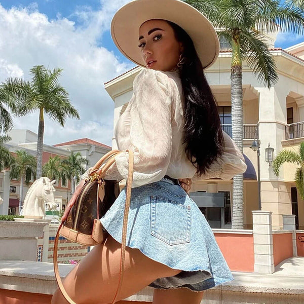 Unique High Waist Flare Wide Leg Mini Denim Shorts - Light Blue