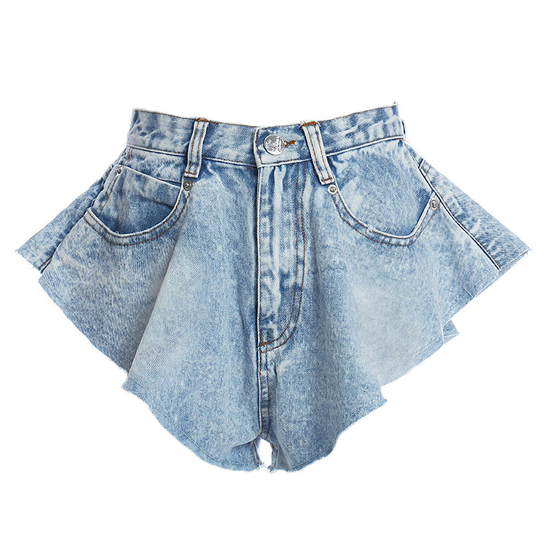 Unique High Waist Flare Wide Leg Mini Denim Shorts - Light Blue