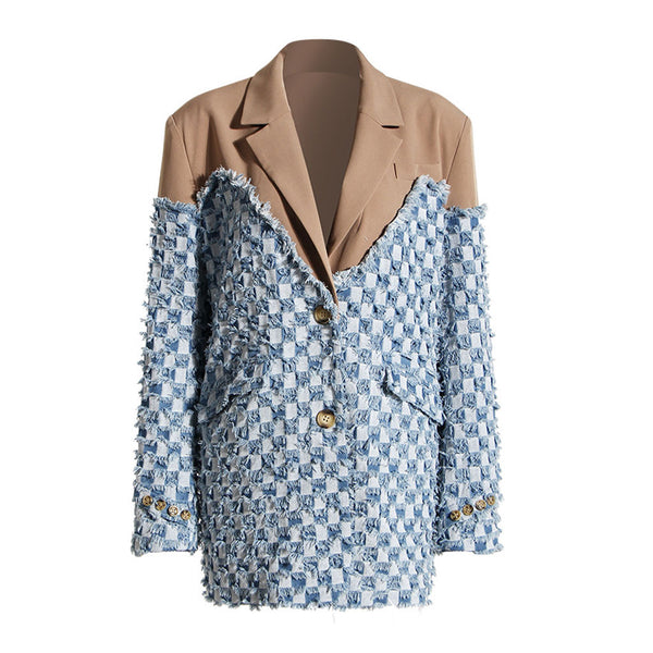 Unique Lapel Collar Single Breasted Checkered Contrast Spliced Blazer