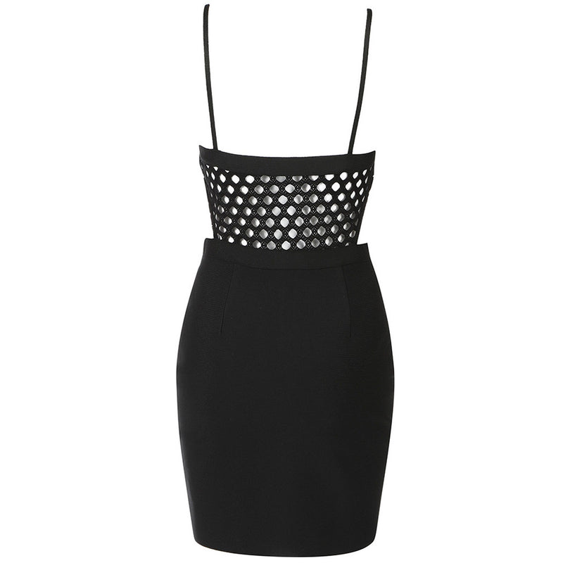 Unique Netted Halter Neck Cutout Bodycon Bandage Mini Dress - Black