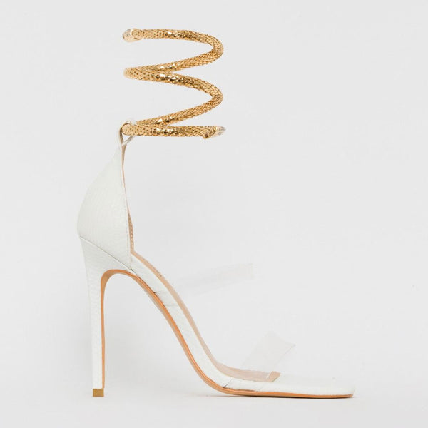 Unique Snake Embellished Clear Strap High Heel Sandals - White