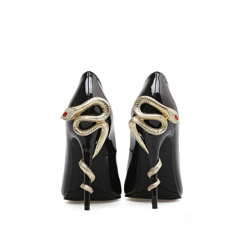 Unique Snake Embellished High Heel PU Pumps - Black