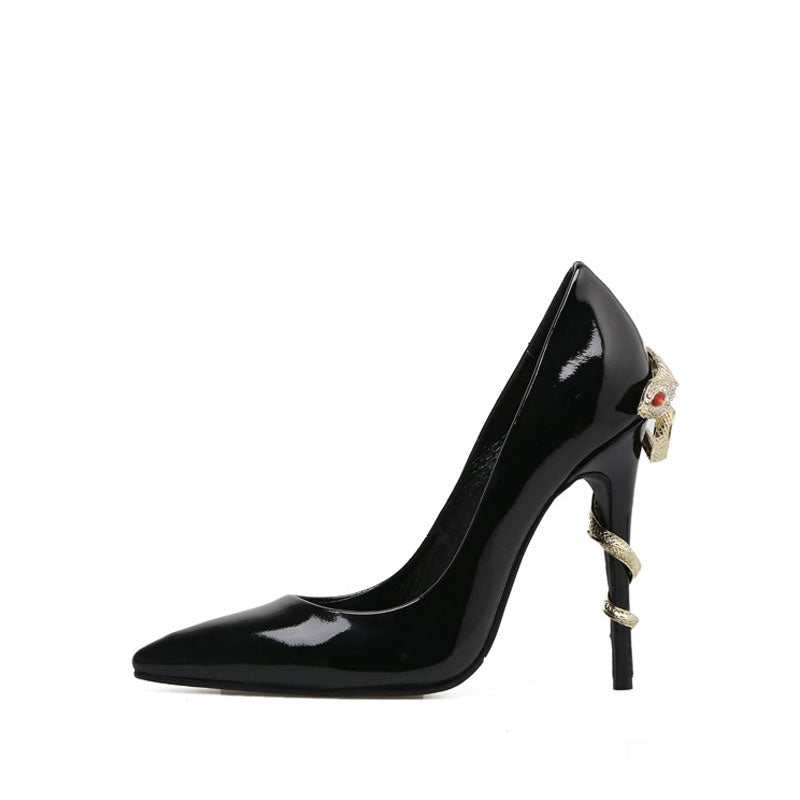 Unique Snake Embellished High Heel PU Pumps - Black