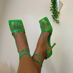 Unique Square Toe Mesh Net High Heel Pumps - Emerald Green