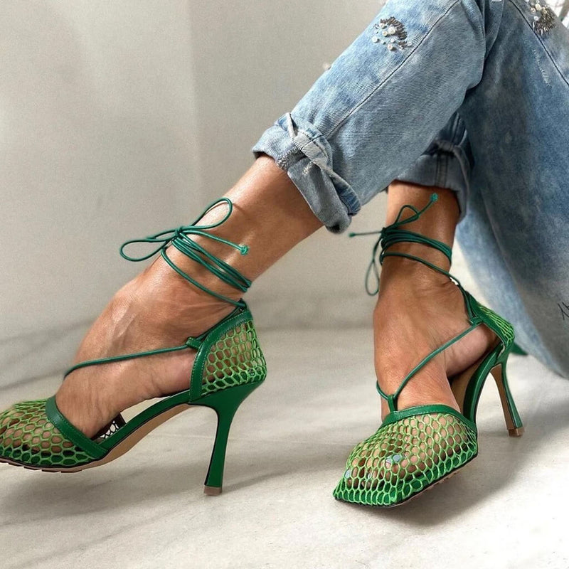 Unique Square Toe Mesh Net High Heel Pumps - Emerald Green