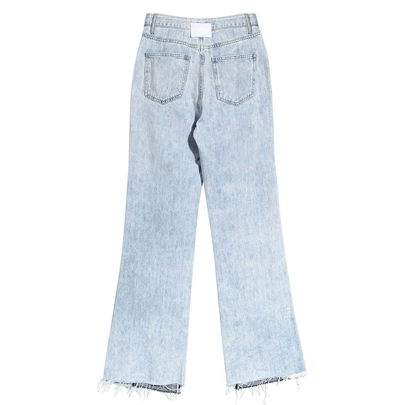 Unique Two Tone Raw Hem High Waist Straight Leg Spliced Jeans