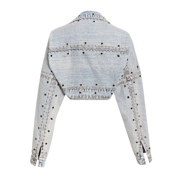 Vintage Collared Drop Shoulder Long Sleeve Stud Embellished Denim Bolero Jacket