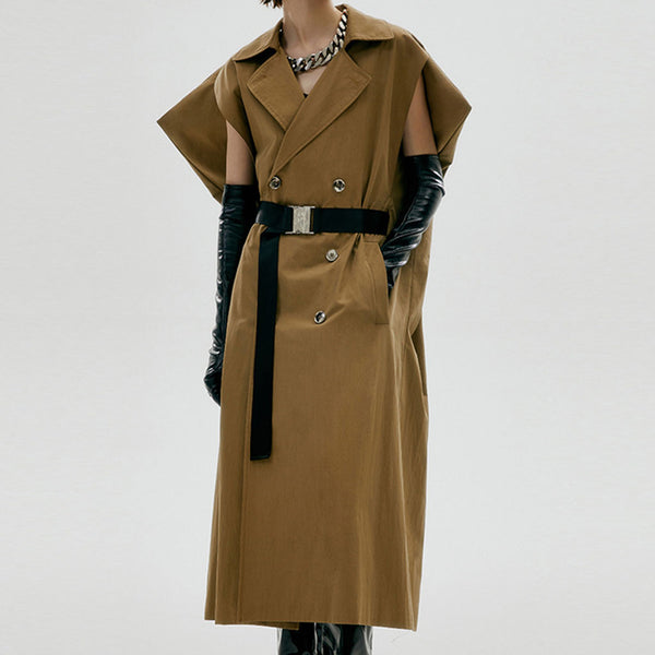 Vintage Extended Shoulder Double Breasted Belted Cape Trench Coat - Brown