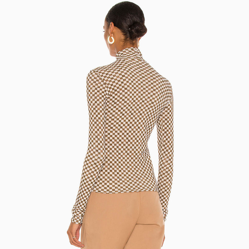 Vintage Gingham Long Sleeve High Neck Top - Coffee