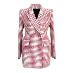 Vintage Houndstooth Print Peak Lapel Double Breasted Tailored Woolen  Blazer