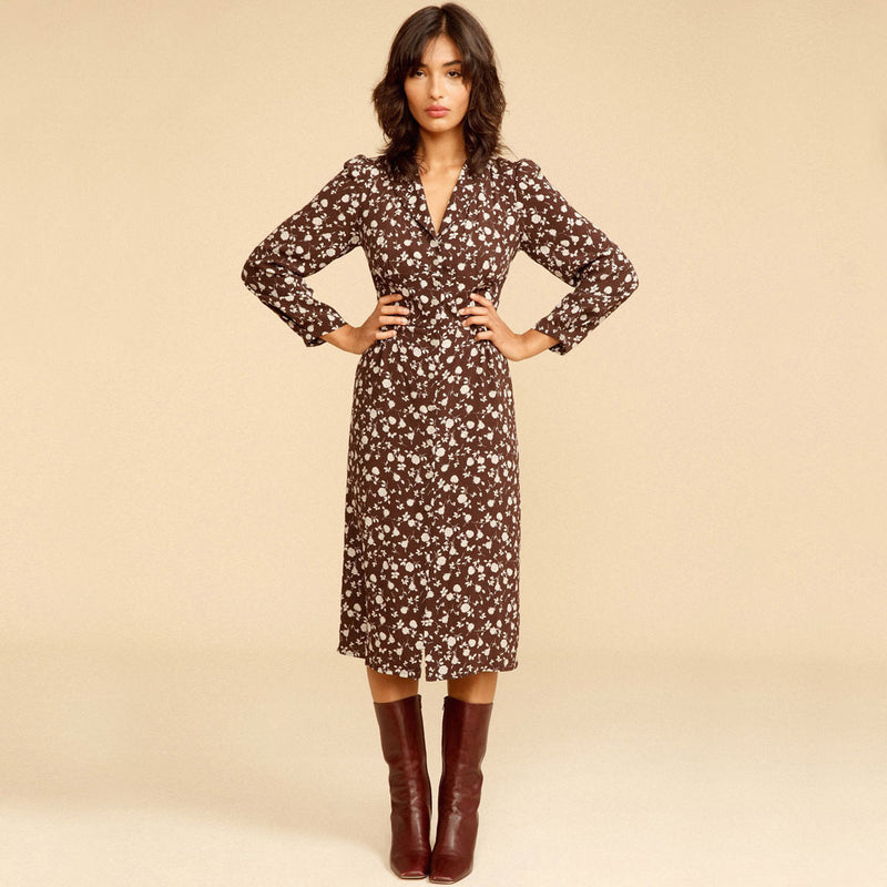 Vintage Long Sleeve Button Front V Neck Midi Floral Dress - Coffee