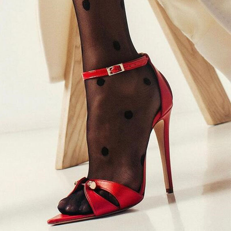 Vintage Metal Bar Detail Pointed Toe Ankle Strap Stiletto Pumps - Red