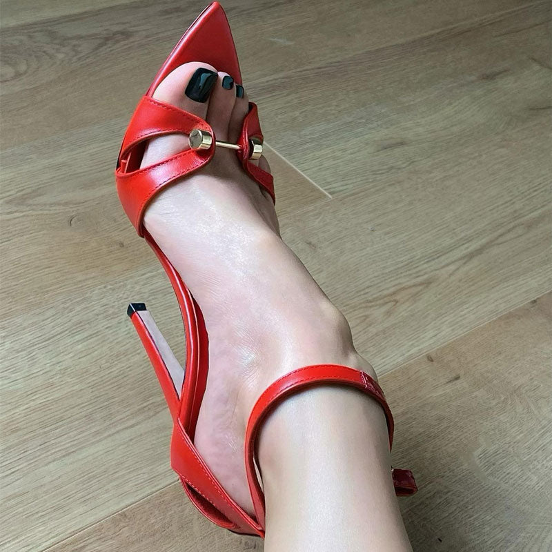 Vintage Metal Bar Detail Pointed Toe Ankle Strap Stiletto Pumps - Red