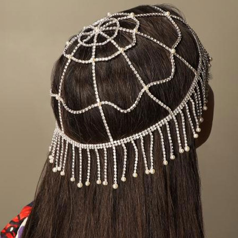 Vintage Faux Pearl Beaded Rhinestone Caged Tassel Flapper Headpiece - Silver