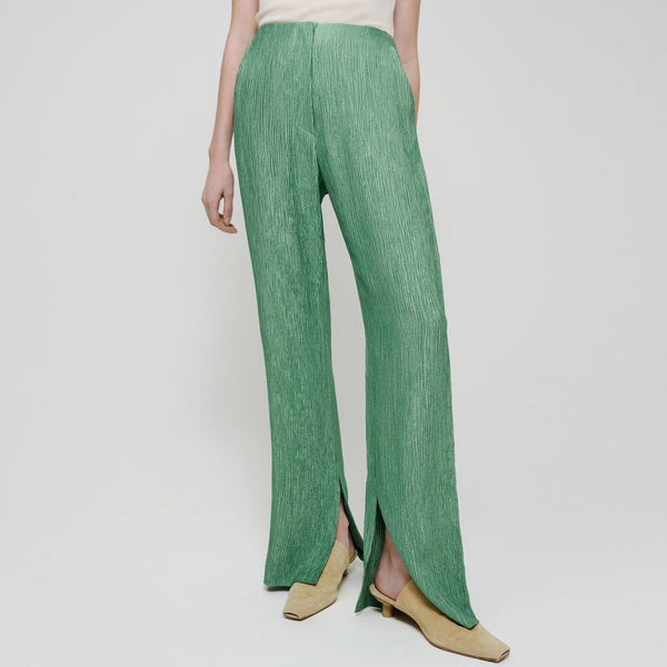 Vintage Ruched High Waist Side Slit Straight Leg Bootcut Pants - Green