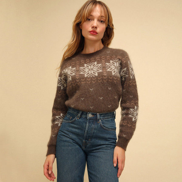 Vintage Snowflake Jacquard Mohair Knit Pullover Sweater - Coffee