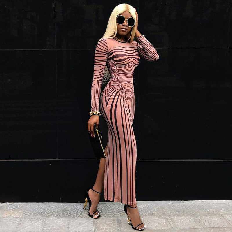 Vintage Stripe Long Sleeve Back Slit Mesh Bodycon Maxi Dress - Coffee