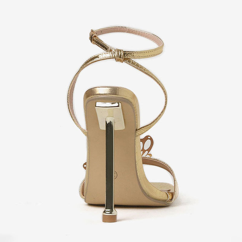 Vivid Butterfly Detail Square Toe Ankle Strap Stiletto Sandals - Gold